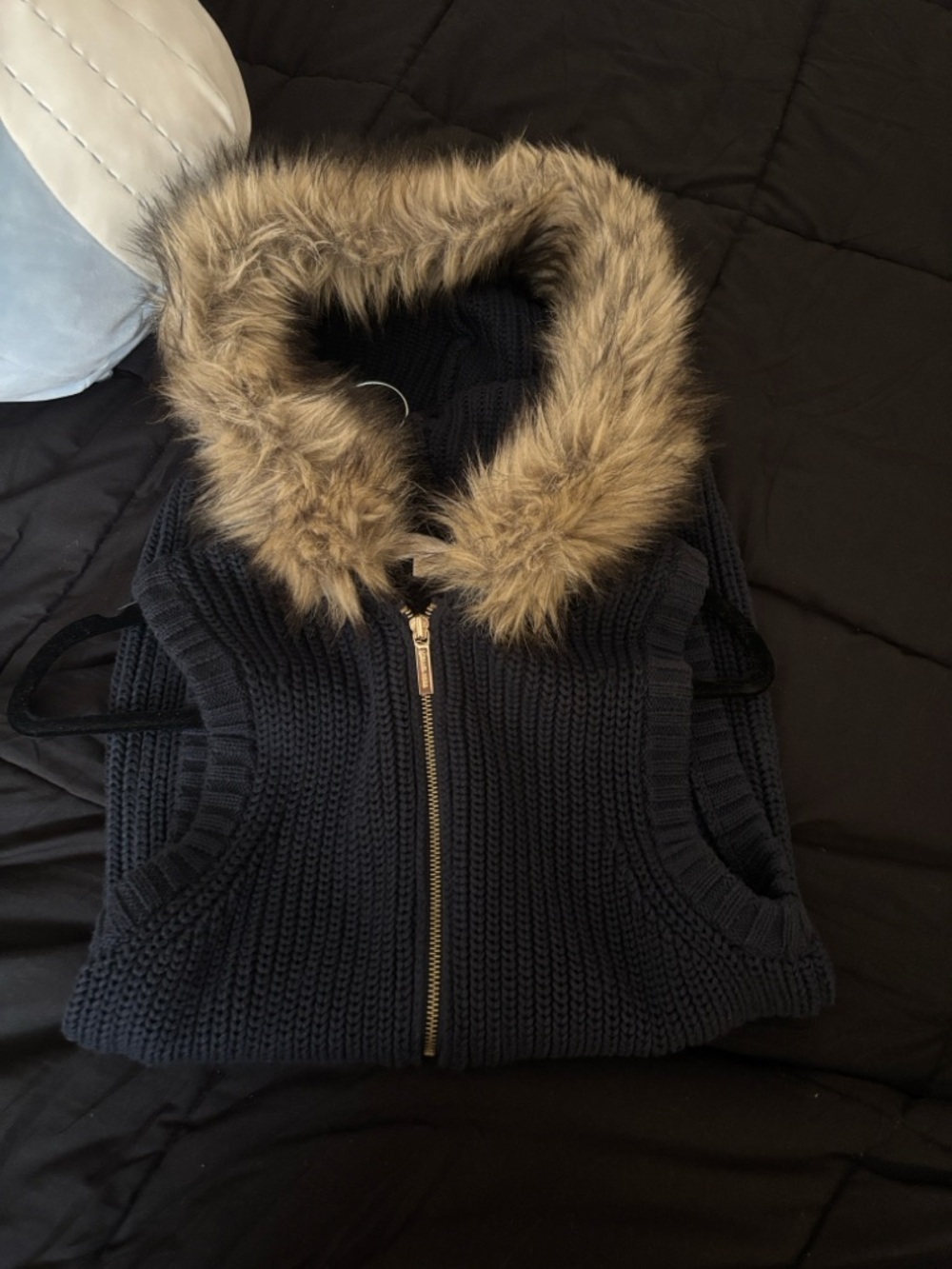 Michael Kors Knit Hooded Vest with Faux Fur Trim - Navy Blue - Picture 2 of 4